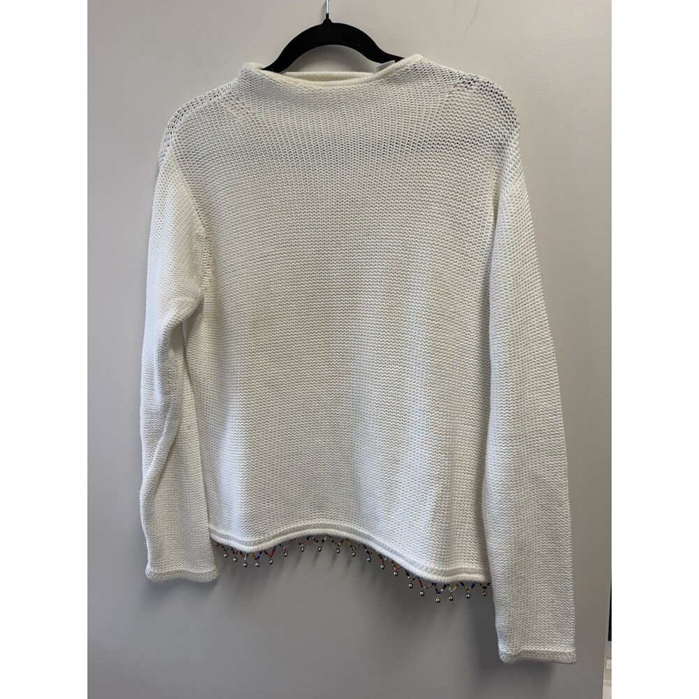Ballinger Gold Women's White Cotton Knit Crew Neck Beaded Hem Sweater Size M